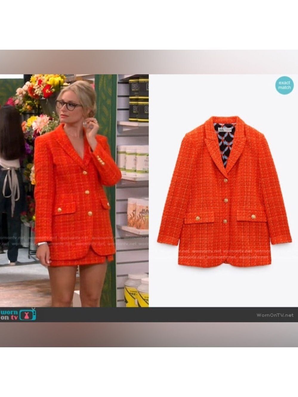 Zara orange tweed single-breasted blazer jacket gold-tone buttons blogger fave S